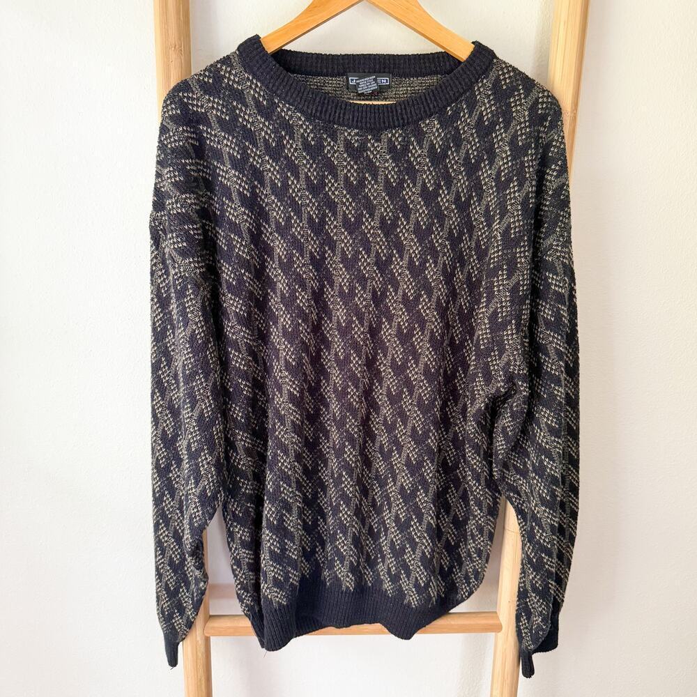 Jantzen Vintage Knit Sweater Men’s Size XXL Tall Navy Tan Pattern Crewneck